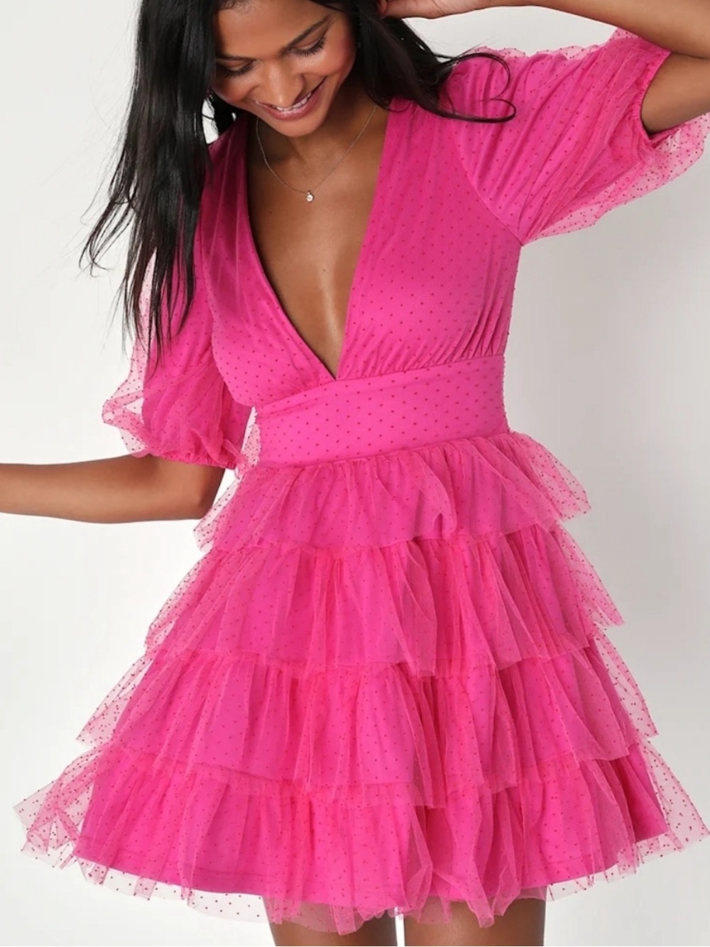 NWT Lulu's Hot Pink Tiered Ruffle Mini Dress